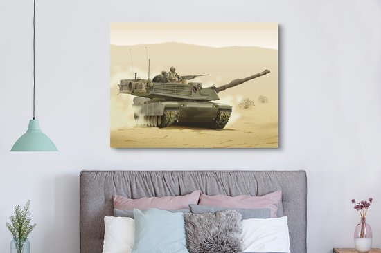 Une illustration d'un tank dans le désert sur toile 160x120 cm - Tirage photo sur toile (Décoration murale salon / chambre) XXL / Groot format!