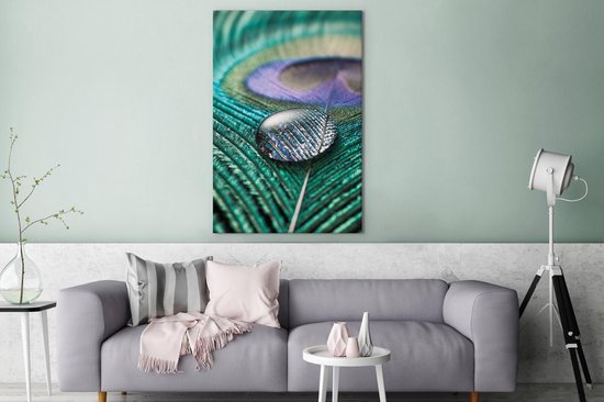 Structure d'une plume de paon avec une toile goutte d'eau 80x120 cm - Tirage photo sur toile (Décoration murale salon / chambre)