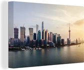 Canvas Schilderij Zonsondergang - Stad - Shanghai - 90x60 cm - Wanddecoratie