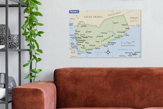 Illustration de la carte du Yémen 90x60 cm - Tirage photo sur toile (Décoration murale salon / chambre)