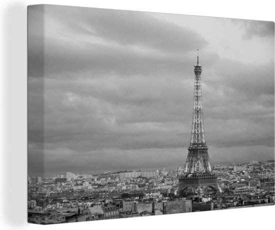 Canvas schilderij 140x90 cm - Wanddecoratie Verlichte Eiffeltoren in de schemering - Muurdecoratie woonkamer - Slaapkamer decoratie - Kamer accessoires - Schilderijen
