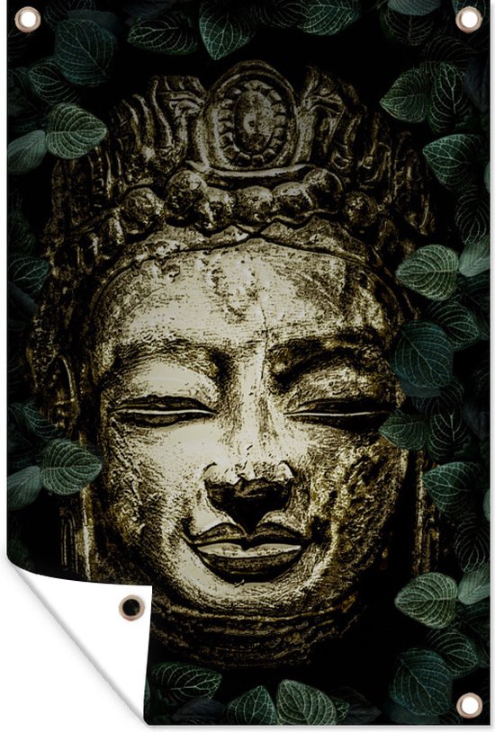 Tuindecoratie Buddha - Steen - Bladeren - 40x60 cm - Tuinposter - Tuindoek - Buitenposter