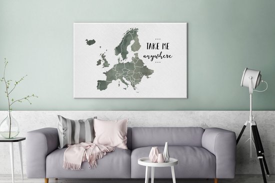 Carte de l'Europe à l'aquarelle grise avec le texte Emmène-moi partout 120x80 cm - Tirage photo sur toile (Décoration murale salon / chambre)