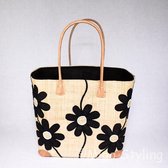 Jute-tas-Naturel-zwarte bloemen-strandtas-Ibiza-shopper-reistas-trekkoord sluiting-sleutelvakje