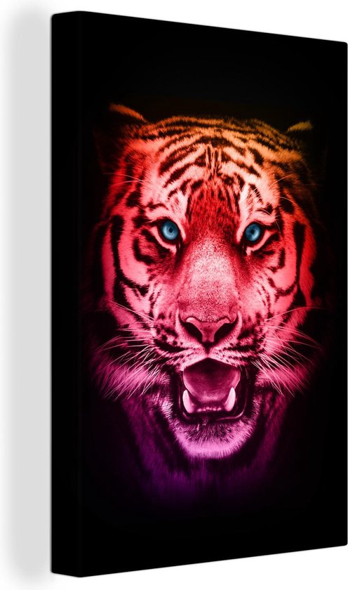Tête de couleur d'un tigre sur un fond noir 80x120 cm - impression photo  sur toile... | bol.com