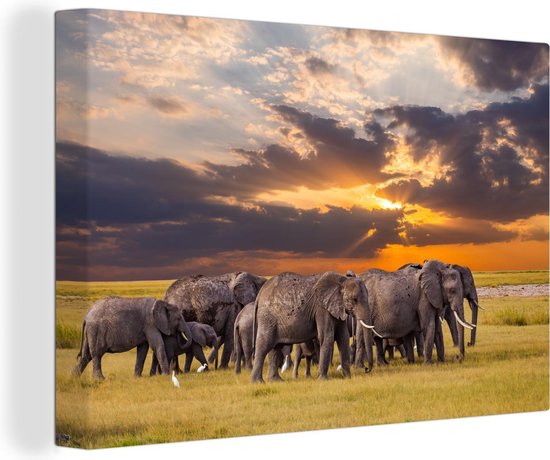 Troupeau d'éléphants au bord d'un lac toile 2cm 140x90 cm - Tirage photo sur toile peinture (Décoration murale salon / chambre) / animaux sauvages Peintures sur toile