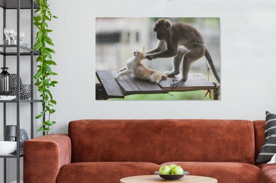 Toile de singe tirant les oreilles de chat 2cm 120x80 cm - Tirage photo sur toile (Décoration murale salon / chambre) / Peintures sur toile pour Animaux domestiques
