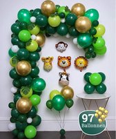 Safari Balloon Arch of 97 Ballons with Pump and Hanging Hooks - DIY - Jungle - Green - Goud - Children's Party - Birthday Decoration - 10 Palm Leaves - 5 Helium Jungle Animaux - Fête - 5 Meters - Décoration - Balloon Arch