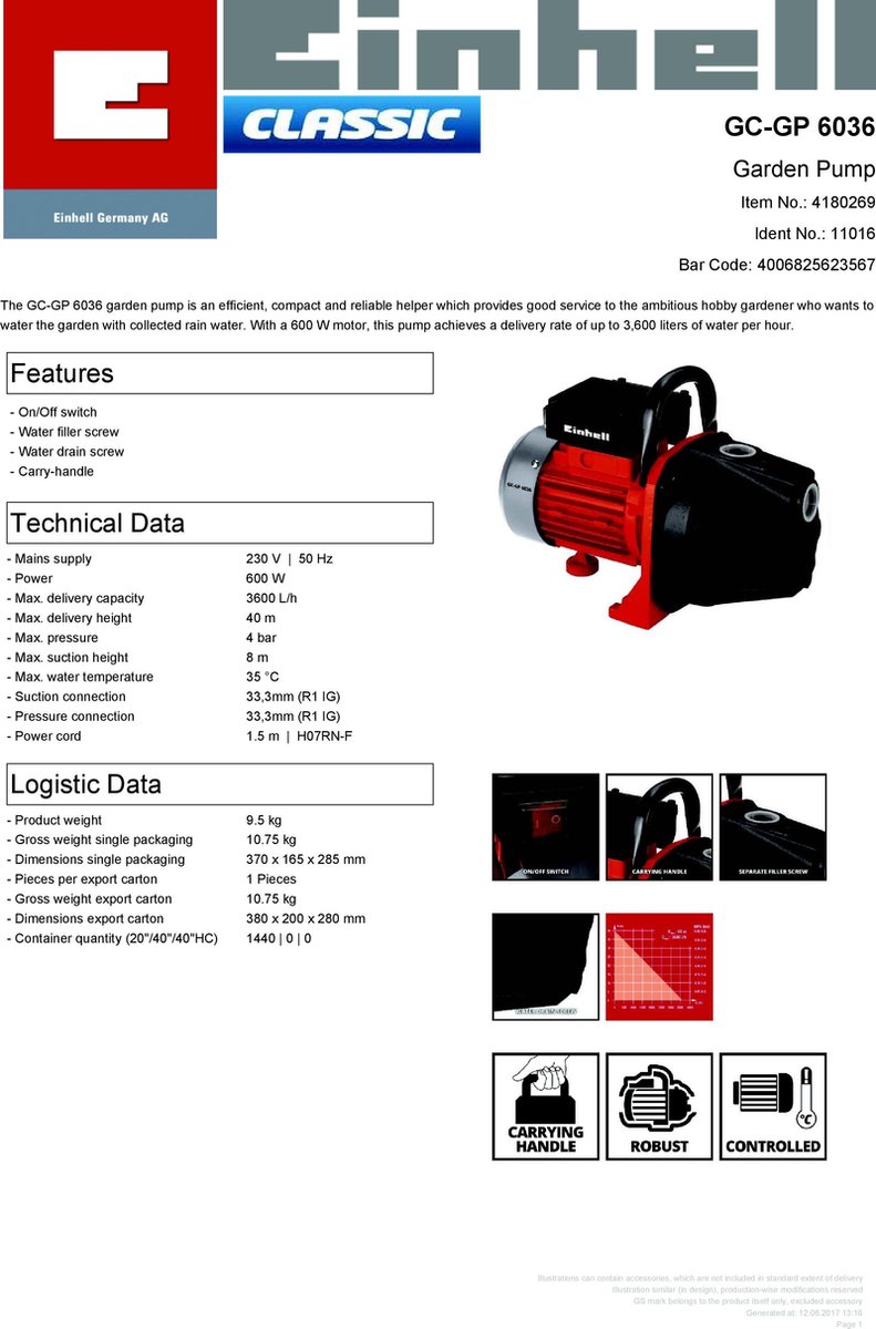 Pompe d’arrosage de surface GC-GP6036 - puissance 600 W EINHELL