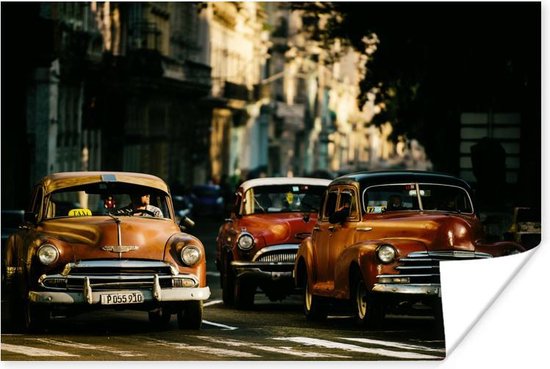 Poster Cuba - Cadillacs - Oldtimers - Klassieke auto's in ochtendlicht