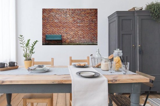 Un canapé vert devant un vieux poster mural en brique 120x80 cm - Tirage photo sur Poster (décoration murale salon / chambre)