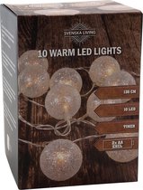 Lichtsnoer met 10 witte glitter bolletjes warm wit op batterij 135 cm - Kerstverlichting/sfeerverlichting lichtsnoer met bolletjes