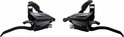 Zwarte Shimano shifters met 3x8 versnellingen en V-brake remhendels.