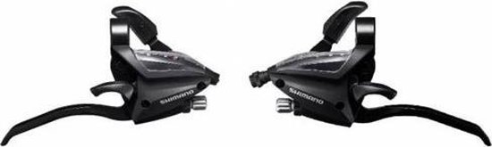 Zwarte Shimano shifters met 3x8 versnellingen en V-brake remhendels.