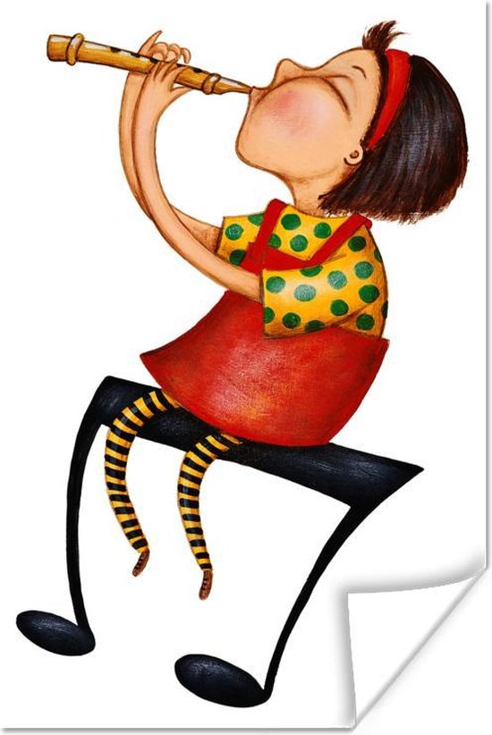 Illustratie van een meisje op een muzieknoot met een blokfluit poster  120x180 cm -... | bol.com
