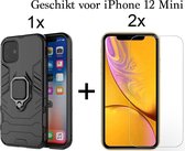 iPhone 12 Mini hoesje Armor Case Zwart Kickstand Ring shock proof apple magneet  - 2x iPhone 12 Mini Screen Protector