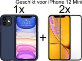 iPhone 12 mini hoesje donker blauw apple siliconen case - Full cover - 2x iPhone 12 mini Screen Protector