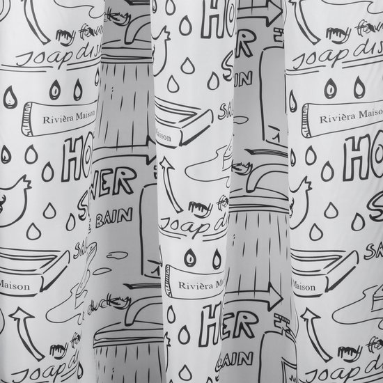 Détail d'un rideau de douche blanc avec des illustrations noires d'articles de bain tels que du savon et des pommeaux de douche.
