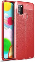 Samsung A21S Hoesje Shock Proof Siliconen Hoes Case | Back Cover TPU met Leren Textuur - Rood