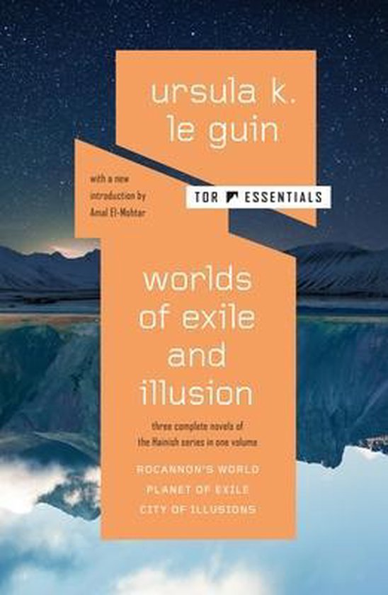 Boek 'Worlds of Exile and Illusion' van Ursula K. Le Guin, met een oranje omslag en een sterrenhemel op de achtergrond.