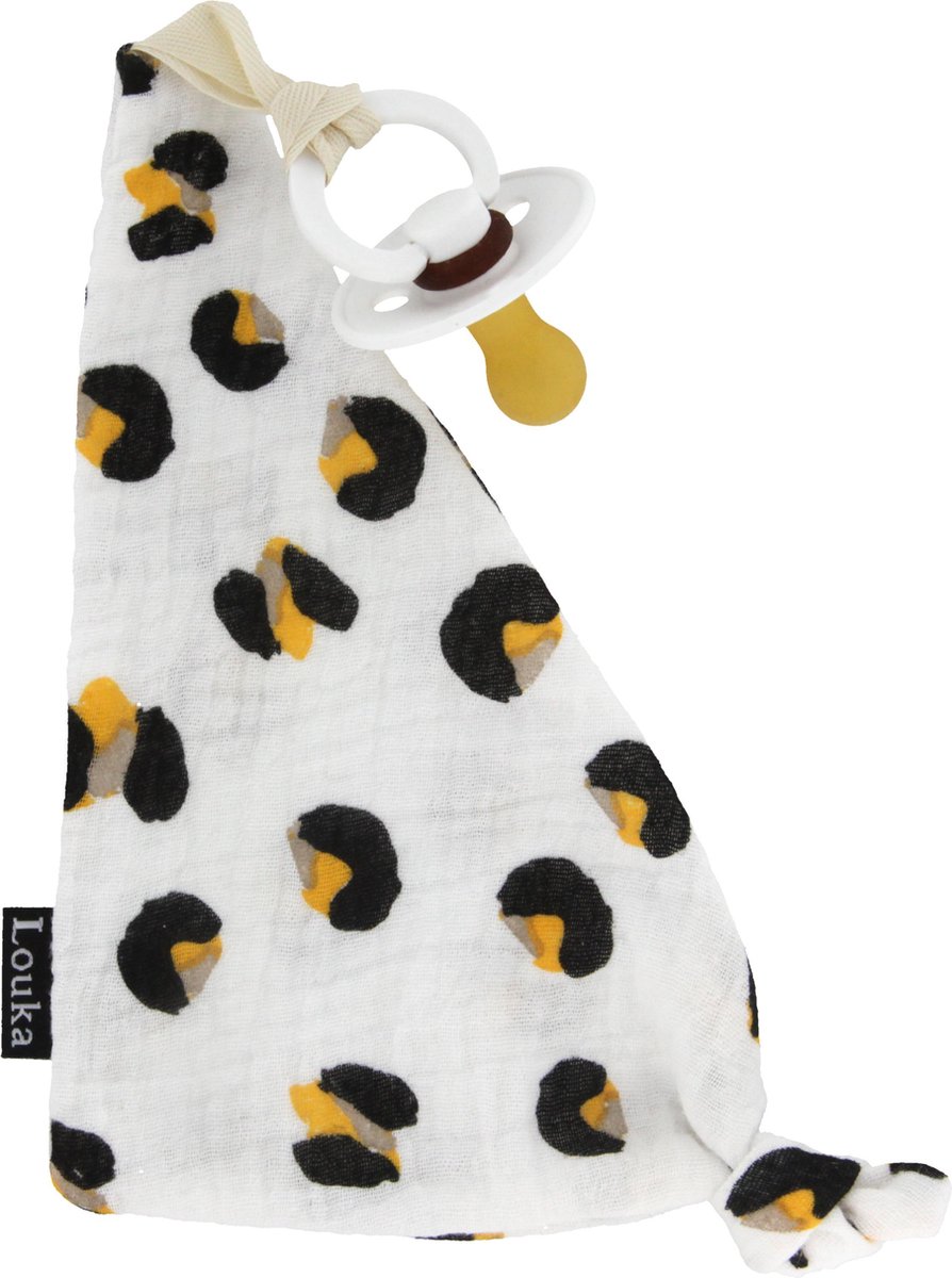 Goedkoopste Louka speendoekje driehoek panter wit, zwart en oker - meisje - jongen - hydrofiel katoen - speenknuffel - excl. bibs speen