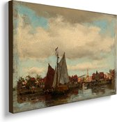 Kunst: Havengezicht van Jacob Henricus Maris. Schilderij op canvas, formaat is 60x100 CM