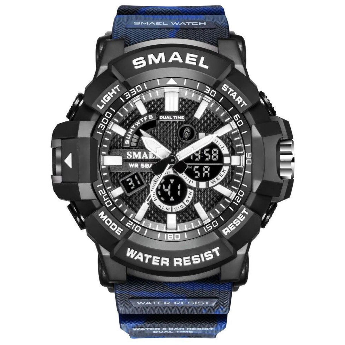 Heren Horloge Zwart met Army rubber band Grijs Blauw | Smael | Waterdicht |Glow in dark | Mud Master | Mudmaster | Shock | Leger | Grof | Licht | Rubberen band | Timer | Eyecatcher | Master| | kado| Cadeau