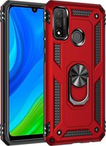 Huawei P smart 2020 Stevige Magnetische Anti shock ring back cover case- schokbestendig-TPU met stand – Rood + Gratis screenprotector