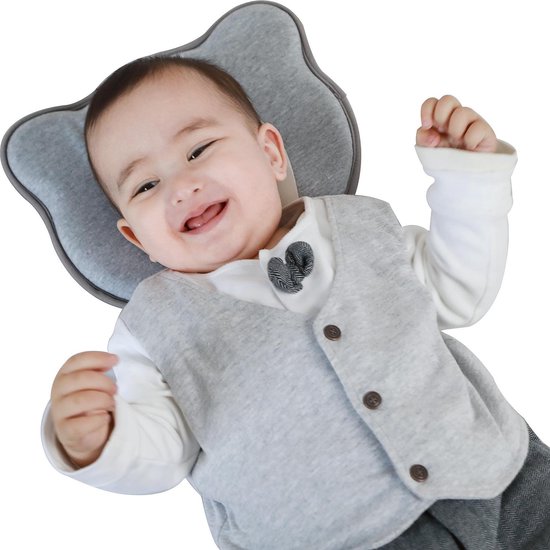 Oreiller ergonomique pour Bébé Grijs de Bébé Bootie - Mousse à mémoire de forme - Contre l'arrière de la tête plat - Oreiller Bébé tête plate avec housse supplémentaire