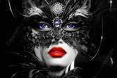 JJ-Art (Glas) 120x80 | Vrouw gezicht met Venetiaans masker in zwart wit met steunkleuren | Italië, Venetië, carnaval, blauw, rode lippen  | Foto-schilderij-glasschilderij-acrylglas