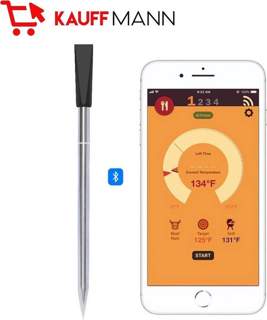 Kauffmann - Bluetooth Vlees Thermometer - 30 Meter - BBQ Accesoires - Keuken Thermometer - Vleesthermometer - Draadloos - Bluetooth - Barbecue - Met Gratis App - Geschikt Voor Oven - Grill - BBQ Temperatuur Meter - Digitaal - USB Oplaadbaar