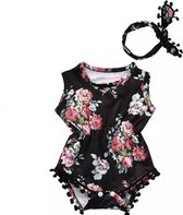 Zwarte Bloemetjes romper + haarband / maat 74-82