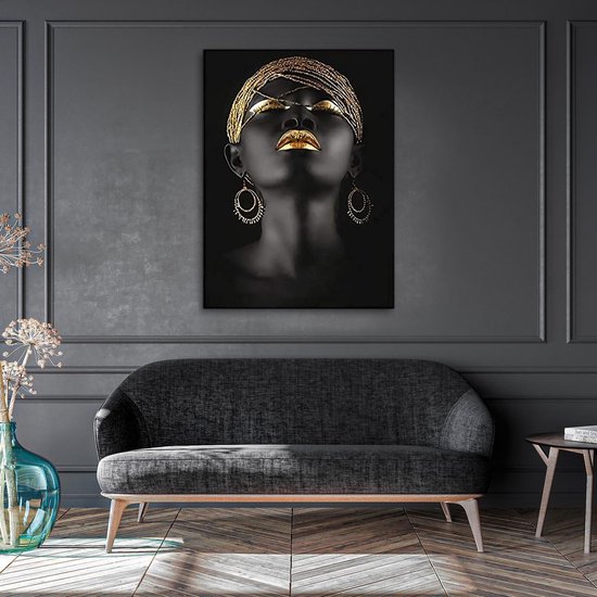 Luxe Canvas Schilderij Gold Lip Girl | 75x100 | Woonkamer | Slaapkamer | Kantoor | Style| Succes | Art | Modern | Lifestyle | Abstract | Goud | ** 4CM DIK! 3D Effect**