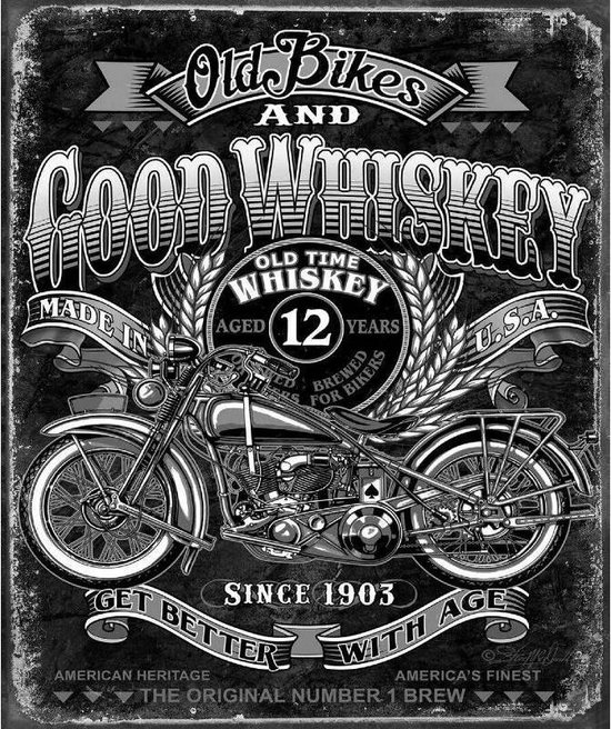 Old Bikes en Good Whiskey wandbord - 31,5 x 40,5 cm
