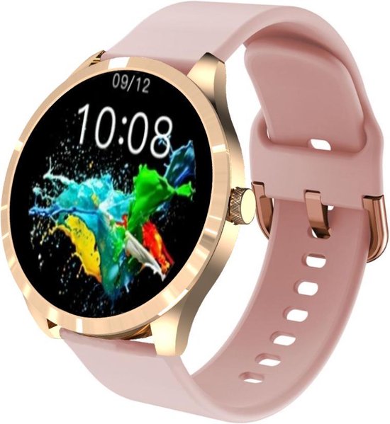 Belesy® BQSiRgPk 2022 - Smartwatch Dames – Smartwatch Heren - Horloge - 1.28 inch - Kleurenscherm - Stappenteller - Bloeddruk - Hartslag - 75+ Wijzerplaten – Sporten – Goud – Siliconen - Roze - Moederdag
