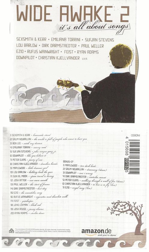Albumhoes met de titel 'WIDE AWAKE 2 it's all about songs' en een lijst met artiesten en nummers. Rechts een illustratie van een gitarist.