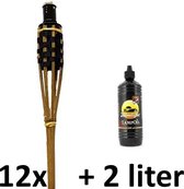 12 stuks Bamboe tuinfakkels 120 cm zwart en lichtbruin (7 uur) met 2 liter fakkelolie