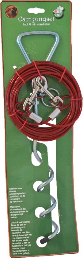 Campingset draaipen glans verzinkt 40 cm met 6 meter staalkabel.