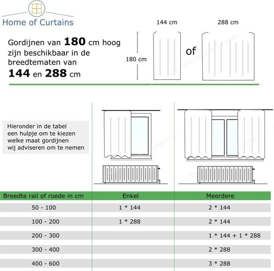 Maattabel voor gordijnen: 180 cm hoog, verkrijgbaar in 144 cm of 288 cm breed.