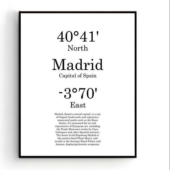 Steden Poster Madrid met Graden Positie en Tekst - Muurdecoratie - Minimalistisch - 80x60cm - PosterCity