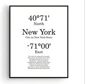 Steden Poster New York met Graden Positie en Tekst - Muurdecoratie - Minimalistisch - 30x21cm / A4 - PosterCity