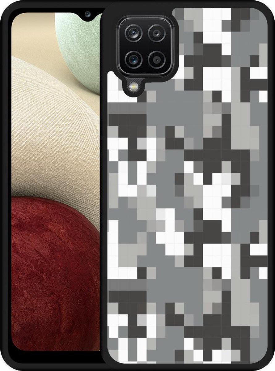 Samsung Galaxy A12 Hardcase hoesje Pixel Camouflage Grey - Designed by Cazy