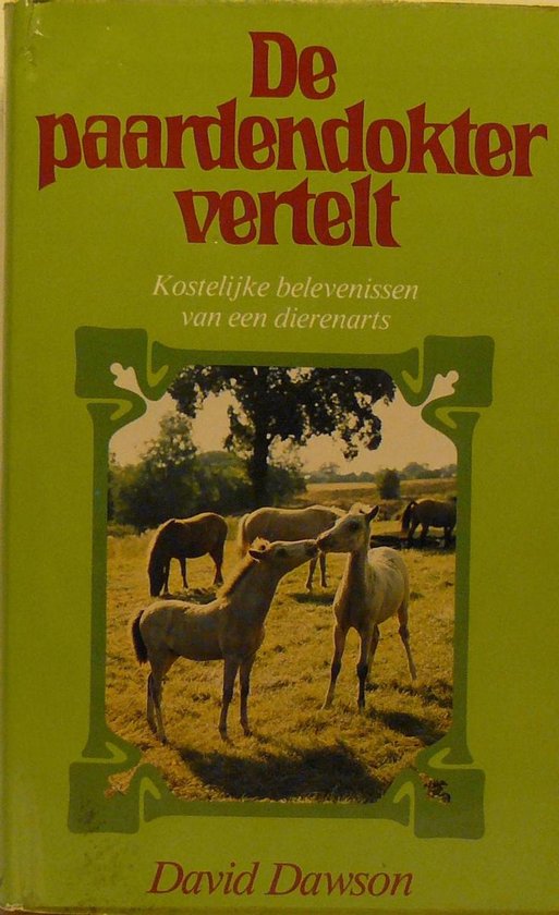 Boek "De paardendokter vertelt". Een kudde paarden in een zonnig weiland onder een boom.