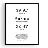 Steden Poster Ankara met Graden Positie en Tekst - Muurdecoratie - Minimalistisch - 70x50cm - PosterCity