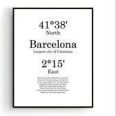 Steden Poster Barcelona met Graden Positie en Tekst - Muurdecoratie - Minimalistisch - 30x21cm / A4 - PosterCity