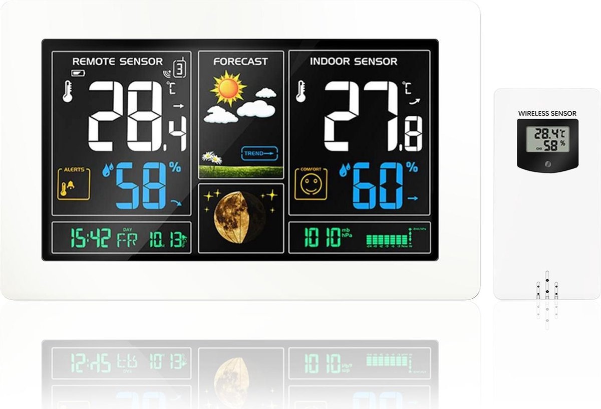 YONO Weerstation Binnen en Buiten – Draadloos met Buitensensor - Thermometer - Hygrometer – Barometer - Maanstand – Datum en Tijd - WS300 Wit