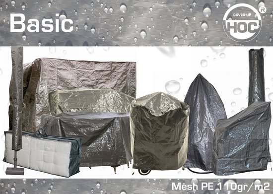 Overzicht van Basic hoezen voor tuinmeubels, inclusief staande parasol.
