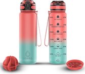 Lekro Waterfles met Tijdmarkeringen - Motiverende Drinkfles Met Fruitfilter en Shake Bal/Shaker - 1 Liter - BPA vrij - Roze/Blauw