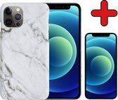 Hoes voor iPhone 12 Pro Hoesje Marmer Hardcover Fashion Case Hoes Met Screenprotector - Hoes voor iPhone 12 Pro Marmer Hoesje Hardcase Back Cover - Wit x Grijs