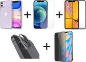 iPhone 12 Mini Hoesje COMBI DEAL - 1x Hoesje Siliconen Transparant - 1x Screen Protector - 1x Screenprotector Full Cover - 1x Privacy Screenprotector - 1x Camera Screen Protector